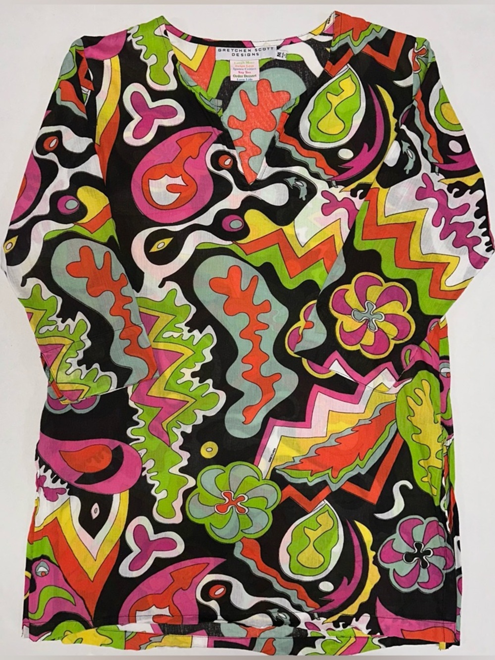 Gretchen Scott M Top Psychedelic Print 3/4 Sleeve Cotton Lightweight Tunic
